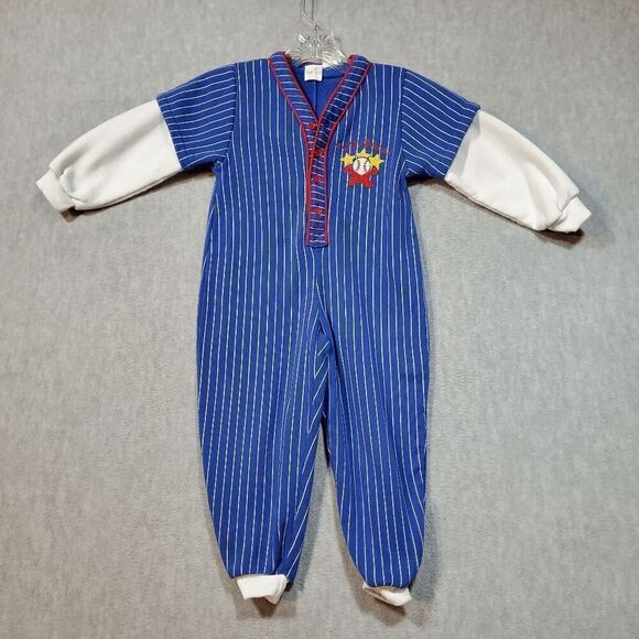 Fun Kins Romper Kids 4T Blue Striped Fleece Lined Baseball Sports One Piece - Picture 1 of 10
